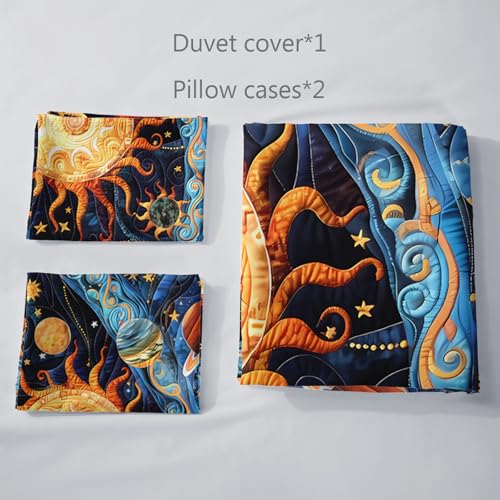 AILONEN Space Galaxy Duvet Cover Set King Size,Boho Sun Planet Bedding Set Cartoon Kids Quilt Cover with 2 Pillowcases,Soft 3-Piece Exotic Themed for Boys Girls - color: Sun and Moon16, size: King
