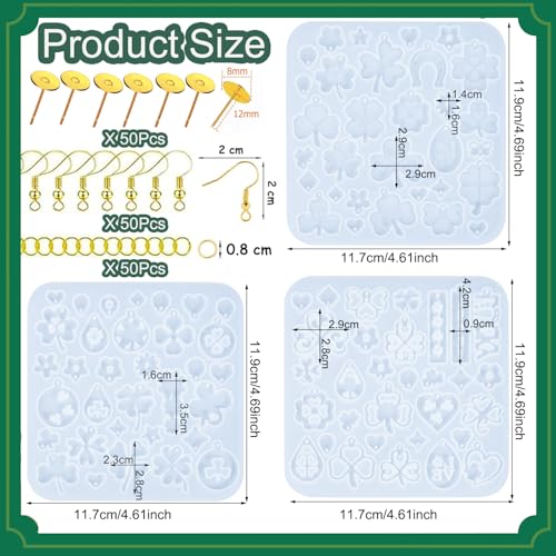 3 Pack St. Patrick's Day Resin Earring Molds Shamrock Earring Silicone Molds Irish Four-Leaf Clover Casting Epoxy Earring Resin Molds with 150 Earring Hook Kit for DIY Crafts Jewelry Making Keychains