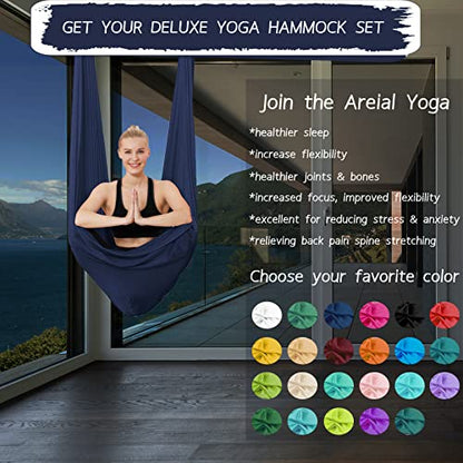 5.5 Yards Aerial Silks Yoga Swing Set - Aerial Yoga Hammock Kit Anti-Gravity Flying for Fitness, Low/Non Stretch Nylon Tricot Fabric Hardware Included for Dance - color: NAVY