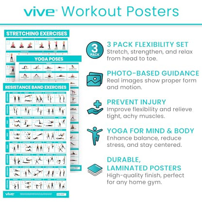 Vive 3 Pack Workout Posters for Home Gym - Yoga Poses, Stretching Exercises