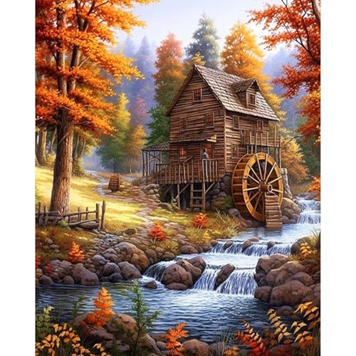 Fountor Paint by Numbers Kit for Adults Beginner, Fall Landscape Adult Paint by Number Kits on Canvas Without Frame, Cabin in the Forest, Stream Oil Paint by Numbers for Home Decor Gift 16” W x 20”L - color: LO713, size: Frameless