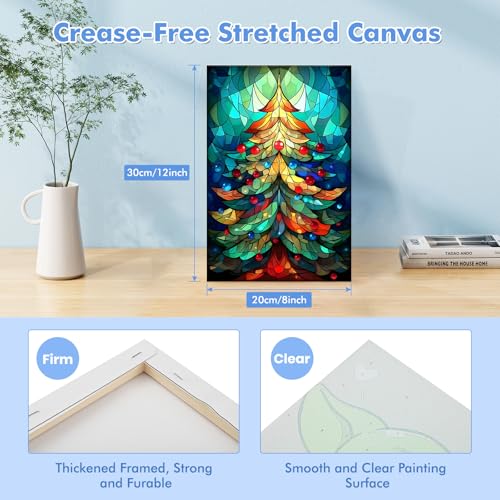 Bowetile Christmas Paint by Numbers for Adults Beginners Framed, Adults' Paint-by-Number Christmas Tree Kits on Canvas, Acrylic Number Painting Christmas Gifts for Home Wall Decor, 8x12in - color: Christmas Tree