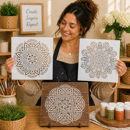 11 Pc Large Mandala Stencils for Painting - Stencils for Crafts Reusable for Floors, Tile & Wood - Rangoli Stencil -Wall Stencils for Painting Large Pattern - Paint Stencil Template 12 inch & 6 inch