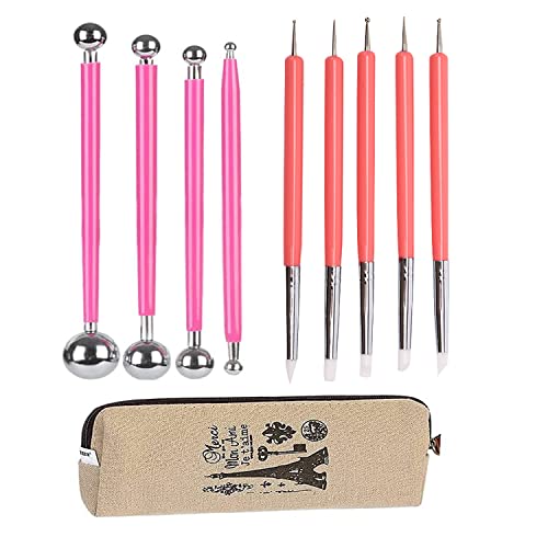 4PCS Double-Ended Metal Ceramic Clay Ball Stylus Dotting Tools and 5PCS 2 Way Silicone Polymer and Embossing Paper Flower Indentation Tool for Drawing - color: pink