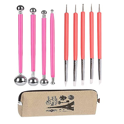 4PCS Double-Ended Metal Ceramic Clay Ball Stylus Dotting Tools and 5PCS 2 Way Silicone Polymer and Embossing Paper Flower Indentation Tool for Drawing - color: pink
