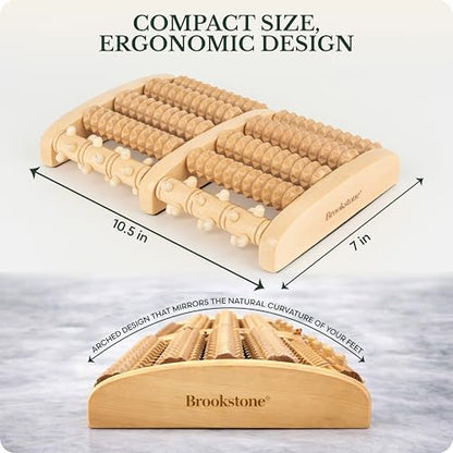 Brookstone Foot Massager Roller Plantar Fasciitis Pain Relief - Wooden Under Desk Feet Massage - Dual Manual Heel Massagers - Wood Rolling Acupressure Tool with Reflexology Guide - Gift for Men, Women