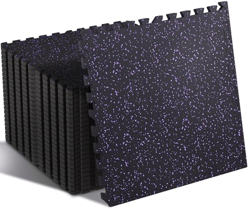 SUPERJARE 0.4'' Thick 24 Pcs 96 Sq Ft Rubber Top Exercise Equipment Mats, High Density EVA Foam Mats with Rubber Top, Interlocking Gym Flooring for Home Gym, Protective Workout Mat, Black/Purple - size: 24 Tiles (96 Sq Ft)