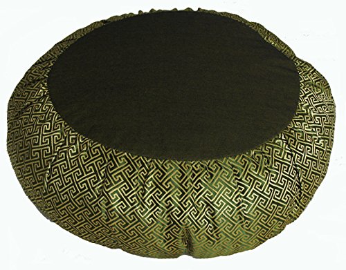 Meditation Cushion Zafu Pillow Buckwheat - Key Design Silk Olive Green - color: Key Design Silk Olive Green