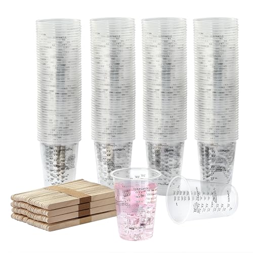 200PCS Resin Epoxy Mixing Cups, HIA 8oz Clear Plastic Paint Measuring Cups with 200pcs Wooden Stirring Sticks for Epoxy Resins, Mixing Paint, Pigments, Resins