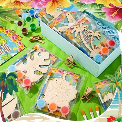 Saypacck 24 Pcs Hawaiian Party Favors Wooden Paint Craft Kits | Summer Tropical Party, Wooden DIY Painting Activity Sets with Organza Bags, Goodie Bag Fillers for Kids Guests - style: Hawaiian