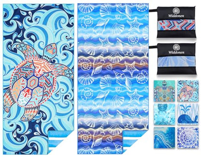 Widdonen 극세사 비치 타월, 엑스트라 라지 2팩-180.3x81.3cm(71x32인치), 여행 가방 포함 - color: 터틀 블루 라인 a 2팩