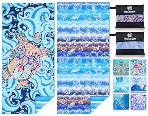 Widdonen 극세사 비치 타월, 엑스트라 라지 2팩-180.3x81.3cm(71x32인치), 여행 가방 포함 - color: 터틀 블루 라인 a 2팩