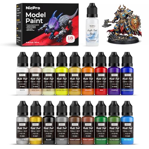 Nicpro 18 Colors Model Paint Set, 20ml Ready to Use Modeling Acrylic Paints | Brush & Airbrush Compatible, Miniature Paint Set for Beginners & Artists on Models, Figures, Crafts, Canvas, with 1 Thinner - style: 18 Colors Set