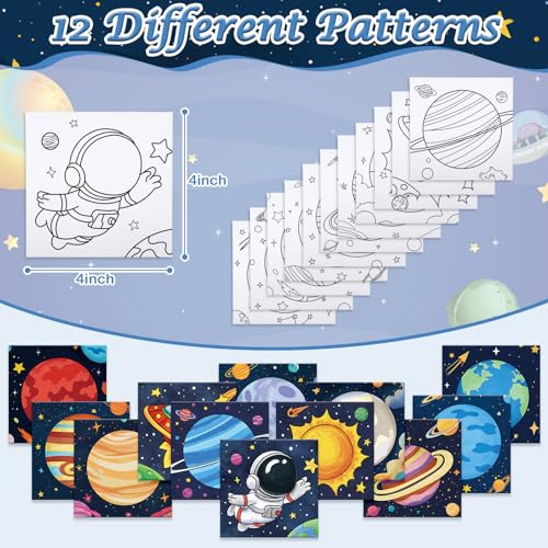 Anseal 12 Packs Pre Drawn Canvas to Paint, 4" X 4" Planet Pre-Printed Paint Party, Pre Stretched Canvas Outline Painting Boards for Paint Lovers, Party Favor - style: planet