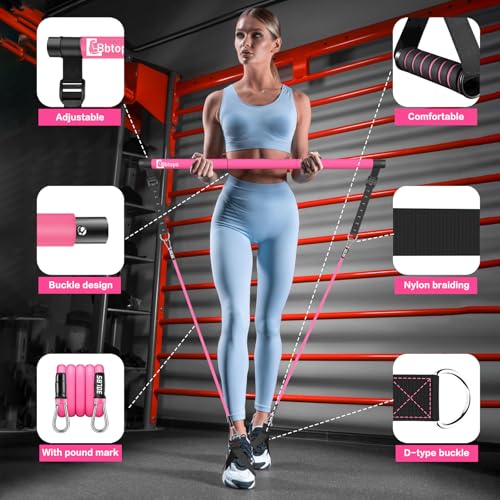 Bbtops Pilates Bar Kit with Resistance Bands,Pilates Bar with Stackable Bands Workout Equipment for Legs,Hip,Waist and Arm,Exercise Fitness Equipment for Women & Men Home Gym Yoga Pilates - color: Hot Pink