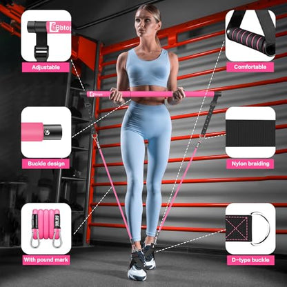 Bbtops Pilates Bar Kit with Resistance Bands,Pilates Bar with Stackable Bands Workout Equipment for Legs,Hip,Waist and Arm,Exercise Fitness Equipment for Women & Men Home Gym Yoga Pilates - color: Hot Pink