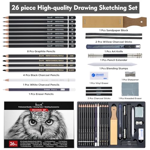 Brusarth Charcoal Pencils for Drawing, Graphite Pencils (10B-2H), 26 Pcs | Drawing Sketching Pencil Set for Sketching, Shading, Blending, Artist Pencils for Beginners & Pro Artists