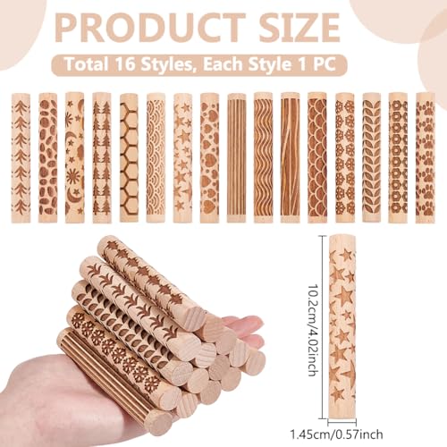 UNICRAFTALE 16Pcs 16 Styles Wooden Clay Texture Rollers Set for Pottery Ceramics Potters Stamp Roller Tools Modeling Pattern Rollers Kit 10.2cm Textured Rolling Pins for DIY Handmade Art Supplies