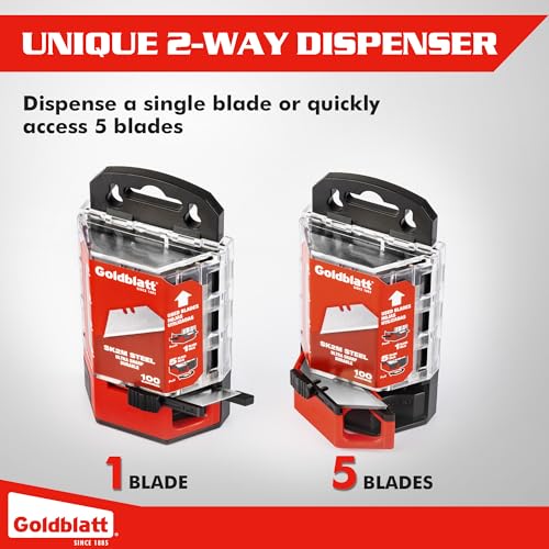 Goldblatt 100-Pack Utility Blades with Tempered SK2M Steel | Double-honed Edges Deliver Lasting Sharpness for Cutting Cardboard, Leather, Linoleum, Rope, and More, Dispenser Included