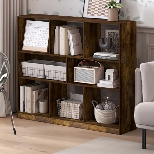 Furinno DALY Book Shelf, 8-Cube Bookshelf, Horizontal Cube Storage Organizer Bookcase, 10.9 x 47.2 x 39.4, for Living Room, Bedroom, Home Office, Amber Pine - color: Amber Pine, size: Standard, 8-Cube