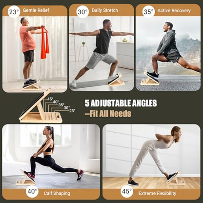 Calf Stretch Slant Board with Resistance Band, 300lb Portable Incline Board | Training Poster, Non-Slip Adjustable Wood Calf Mobility Board for Legs, Ankles, Knees, Heels, Physical Therapy and Stretching