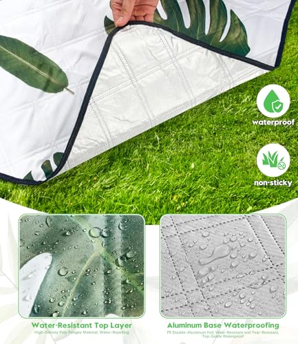 DEWUR Picnic Blankets 79"x79" Extra Large Outdoor Blanket Beach Blanket Waterproof SandProof Picnic Mat Washable Foldable Portable for Grass Lawn Beach Camping (Green Leaves) - color: Green Leaves