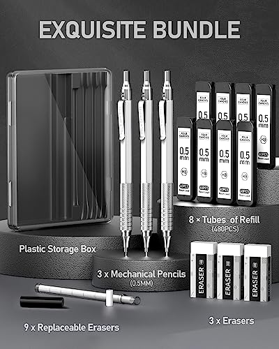 Four Candies Metal Mechanical Pencil Set with Case, 0.5mm, 3PCS, Silver | 480PCS HB Lead Refills, 3 Erasers+9 Eraser Refills, Anti Grip, for Drafting, Engineering, Technical Drawing, Art Projects - color: Silver, style: 0.5 MM