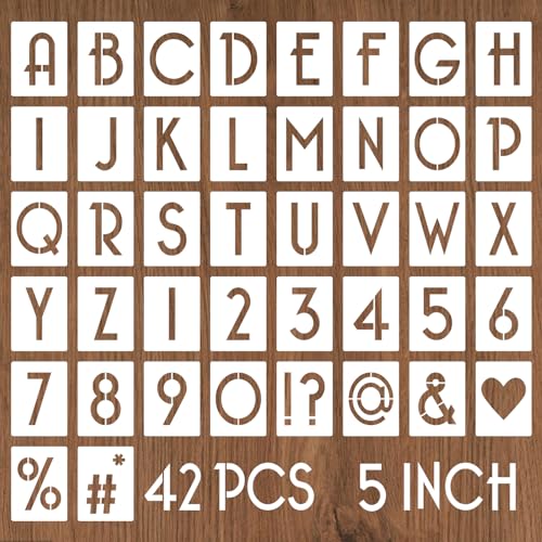 YEAJON 5 Inch Letter Stencils and Numbers, 42 Pcs Alphabet Drawing Stencils, Reusable Plastic Craft Templates for Painting on Wood, Wall, Fabric, Rock, Signage - size: 5 Inch