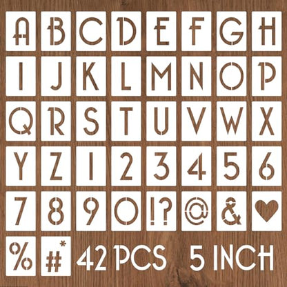 YEAJON 5 Inch Letter Stencils and Numbers, 42 Pcs Alphabet Drawing Stencils, Reusable Plastic Craft Templates for Painting on Wood, Wall, Fabric, Rock, Signage - size: 5 Inch