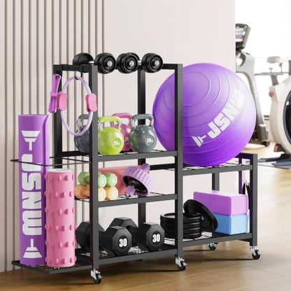 6-Tier Multi-Functional Home Gym Storage Rack with Wheels and Hooks, Adjustable Weight Rack for Dumbbells Kettlebells Yoga Mat and Balls, Space Saving Workout Equipment Storage Organizer