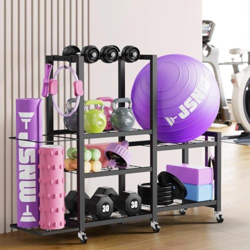 6-Tier Multi-Functional Home Gym Storage Rack with Wheels and Hooks, Adjustable Weight Rack for Dumbbells Kettlebells Yoga Mat and Balls, Space Saving Workout Equipment Storage Organizer