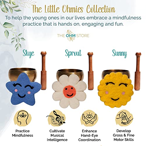 Ohm Store Pure Bronze Tibetan Singing Bowl Set — Children's Musical Percussion Instrument for Meditation and Mindfulness Practices — Little Ohmies Skye Character Pillow and Bronze Sound Bowl - style: Skye