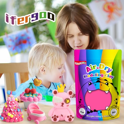 ifergoo 100g Pink Air Dry Clay, 3.5oz DIY Creative Modeling Clay for Kids | Refill Foam Magic Clay for School Art & Craft Project, Slime Supplies, Ultra-light & Soft, Gift for Age 3-12 Boys & Girls - color: Pink/100g