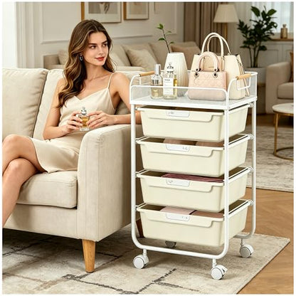 SYKIARIOL 4-Drawer Rolling Storage Cart with Mesh Top,White | Utility Craft Organizer Cart on Wheels with 4 DIY Labels, Rolling Drawer Cart for Home Office Classroom Bedroom - color: Cream White
