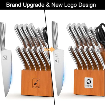 imarku 14-Piece Japanese Gyutou Stainless Steel Kitchen Knife Set | 15° Precision Edge | 56±2 HRC Hardness | Full-Tang Build for Perfect Balance | Built-in Sharpener | Gift for Home Chef - color: Light Brown