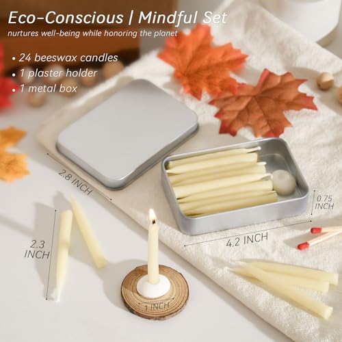 20 Minute 100% Pure Beeswax Candles, Mini Mindful Meditation Taper Candles, Smokeless & Dripless with Holder for Yoga, Prayer, Relaxation (White,24 Pack) - color: White