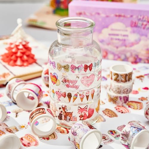 Birthday Washi Tape Set 21 Rolls for Junk Journal, Scrapbooking & DIY Craft | Thin & Cute Decorative Masking Tapes for Party Favors, Wedding Decor | 3M per Roll - style: Birthday