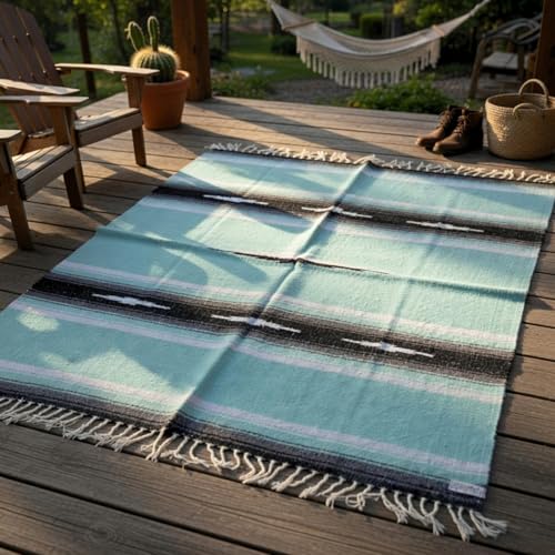Open Road Goods Mexican Diamond Blanket - XL Heavyweight Yoga Blanket – Handmade in Mexico - Thick Boho Serape Saltillo Style Throw for Beach, Picnic, Home, Camping and More! (Mint & Black) - color: Mint & Black