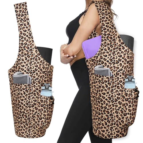 Yoga Mat Bag - Large Opening Long Tote Yoga Mat Carrier Holder Bag with Waterproof Wet Zipper Pocket and Drawstring Water Bottle Pocket - Yoga Bag Fit Most Size Mats - color: Leopard Print