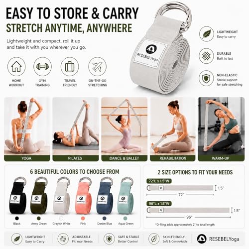 Yoga Strap for Stretching, Non-Elastic Yoga Belt with D-Ring - color: Grayish White, size: 8Feet/2.4M
