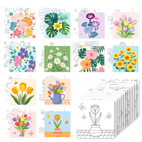 12 Packs Floral Pre Drawn Canvas to Paint, Flower Pre Printed Canvas for Painting, Pre Stretched Canvas Outline Painting Boards for Beginners, Students, Party Favors(4 * 4in) - color: floral