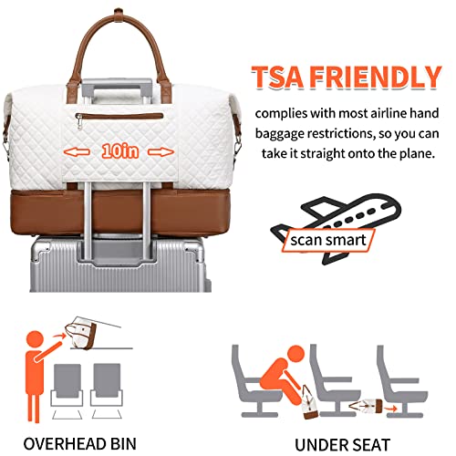 Weekender Bag, Large Travel Duffel Bag for Women, Carry on Overnight Bag with Shoe Compartment and Toiletry Bags - color: White
