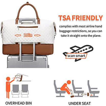 Weekender Bag, Large Travel Duffel Bag for Women, Carry on Overnight Bag with Shoe Compartment and Toiletry Bags - color: White
