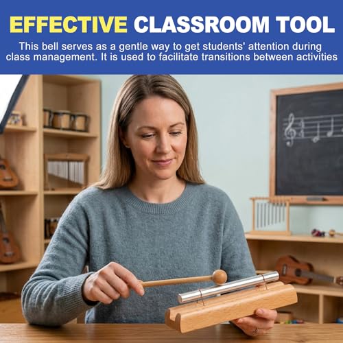 7" Solo Tone Meditation Chime, Mindfulness Bell & Sound Healing Instruments, Responsive Classroom Chime for Teachers Management, Wood Percussion Chimes for Yoga, Energy & Focus - Silver
