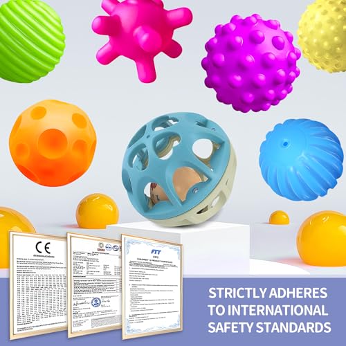 Sensory Toys for Babies, Montessori Textured Baby Balls and Wheat Straw Rattle, Baby Toys for 6-12 Months, Ideal Newborn Gifts for Boys and Girls, Toddler Toys for 1-3 - style: Textured Balls & Blue Rattle Set
