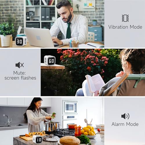 Rotating Productivity Timer, 5, 10, 30, 60 Minute Presets, Desk Cube | Gravity sensor with mute function; ADHD-friendly for work, study, kitchen and back to school - color: Whiteb