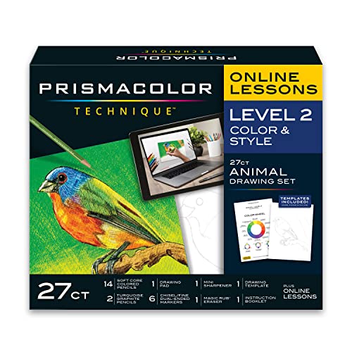 Prismacolor Technique, Art Supplies and Digital Art Lessons, Animal Drawings Set, Level 2, How to Draw Animals with Colored Pencils, Dual-Ended Markers, and More, Bird Drawing Lesson, 27 Count - style: Animal Level 2