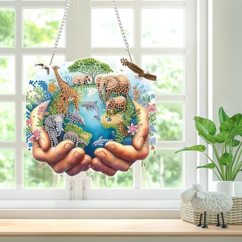 Bowetile Protect the Earth Diamond Art Hanging Kits for Adults, Diamond Art Suncatchers Earth, 5D Special Shape Diamond Painting Pendant Window Ornament Gifts for Home Wall Garden Decor - color: Protect the Earth