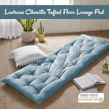 Intelligent Design Foldable Lightweight Lounge Floor Pillow 27" x 74" Aqua | Edelia Poly Chenille Soft Sheen Cushion, Tufted Seat for Meditation, Game Playing, Yoga, Reading with Travel Wrap - color: Aqua