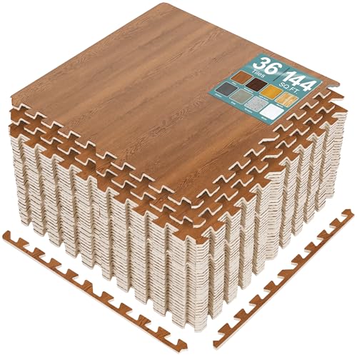 Sorbus Interlocking Wood Grain Foam Floor Tiles (36 Pack, Pine) | 3/8-inch EVA floor mats create cushioned foam flooring for playrooms, basements, apartments, trade shows and baby spaces. - color: Pine, size: 36 Pack